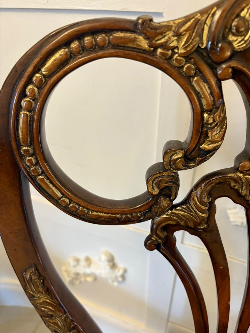 Outstanding Quality Set of 8 Antique Edwardian Carved Walnut and Gilded Dining Chairs - Image 7